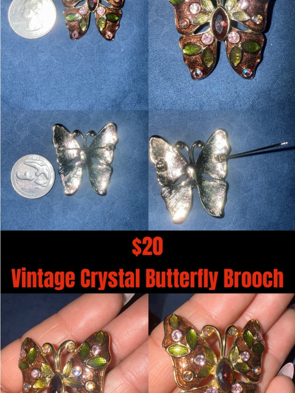 Vintage Crystal Butterfly Brooch - Multicolor